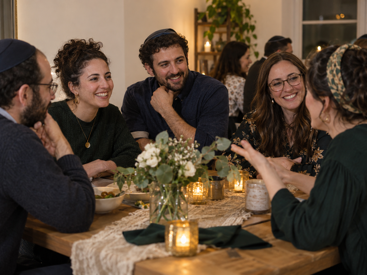 Creative concept of young Jewish adults sharing conversation around a table