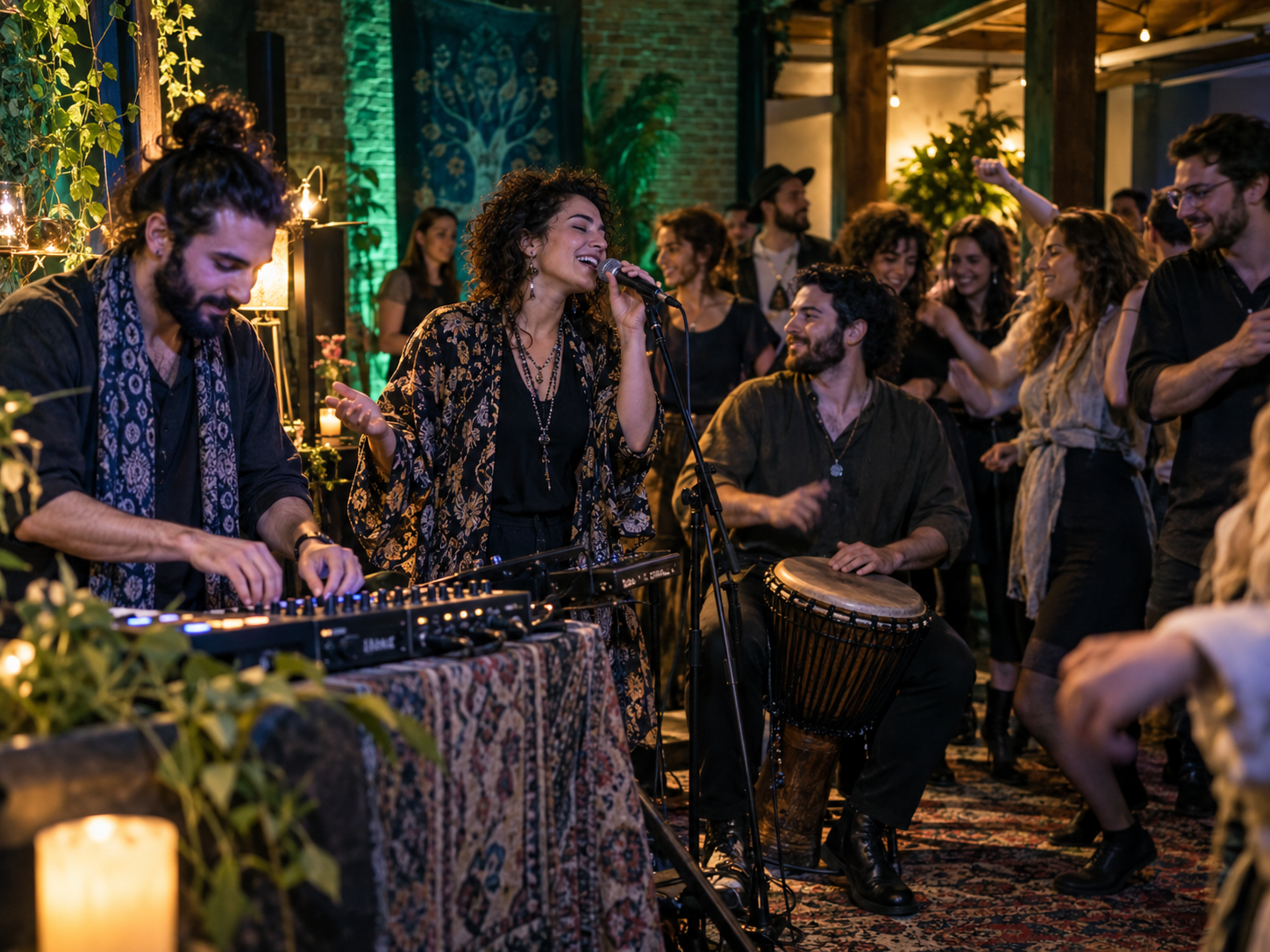 Creative concept of live singing, hand percussion, electronic music, and dancing